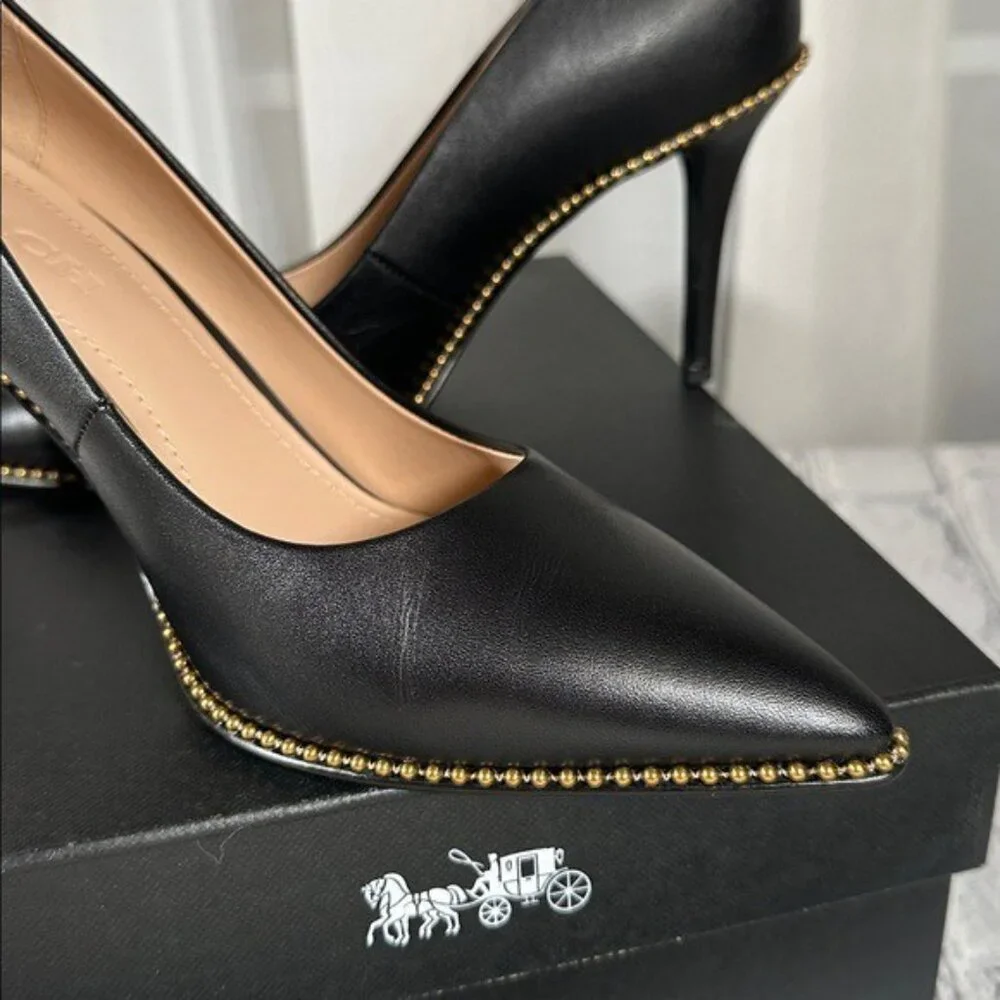 Coach Waverly Beadchain Leather Heels Black Gold Shoes - Picture 9 of 16